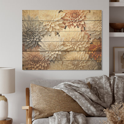 Minimalism Mums Painting In Beige I - Mums Wood Art On Natural Pine Wood