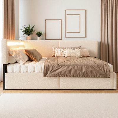 Structure de lit simple, lit tapissier avec 2 tiroirs de rangement, conception à DEL et USB, aucun sommier nécessaire, beige