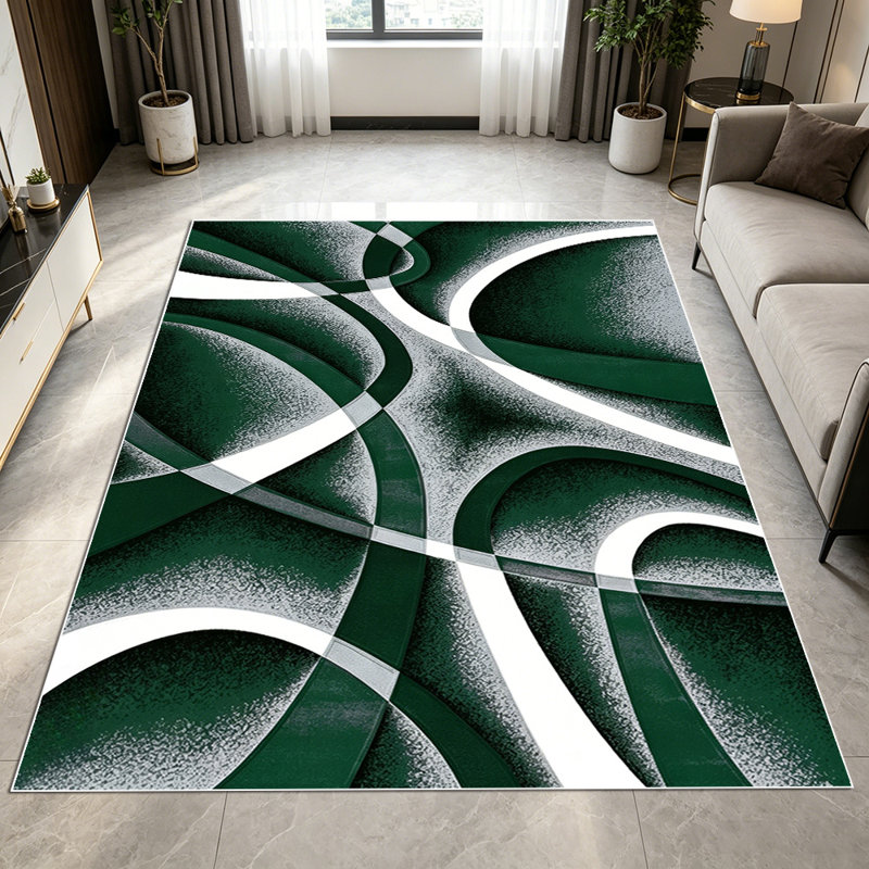 1PC Modern Abstract Swirl Curved Geometric Dark Green & Silver Textured area rugs for Living Room, Soft and Comfortable, Suitable for all seasons, easy-to-maintain, machine washable Indoor floor mat, Under Table Farmhouse suitable for dining room,
