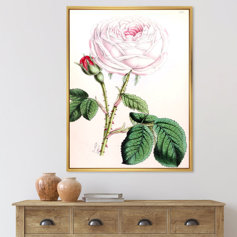 Fleur rose rétro - peinture sur toile, H 40 po x l 30 po x 1,5 po, Cadre flottant doré