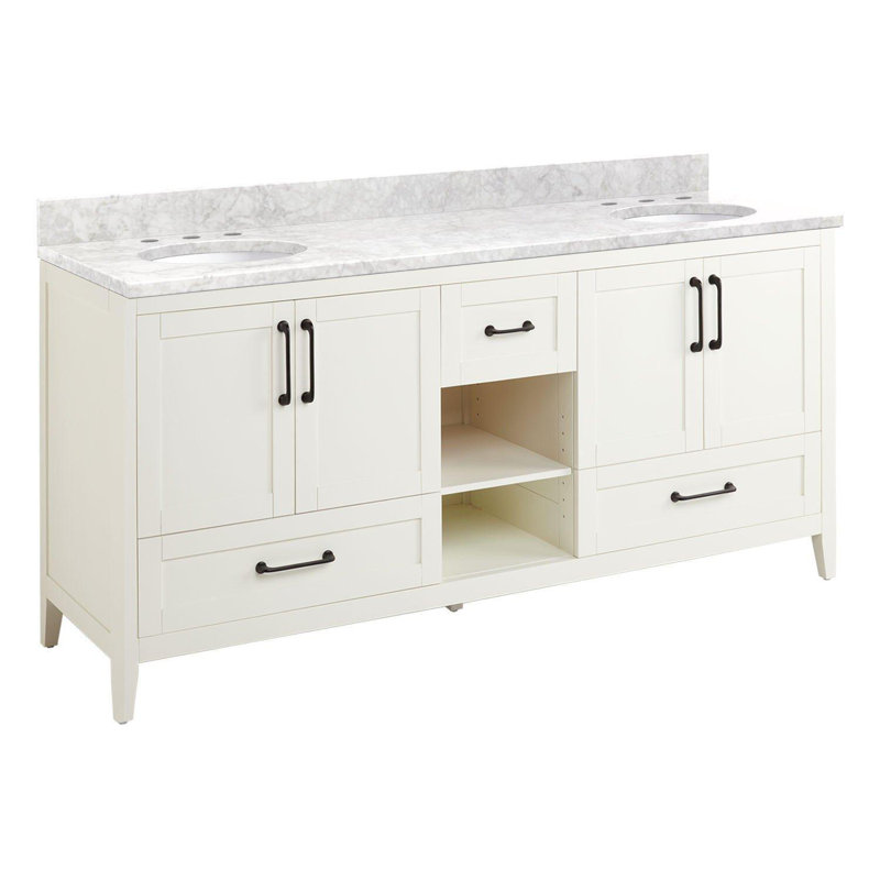 72" Burfield Double Bathroom Vanity Set with Oval Undermount Sinks, White, 8" Widespread, Carrara Marble
