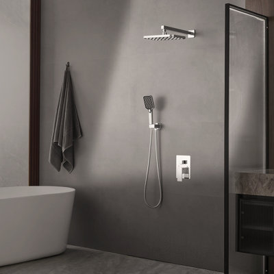 Polished Chrome Double-Handle Double-Spray 12-Inch Square High-Pressure Shower Faucet (With Valve)