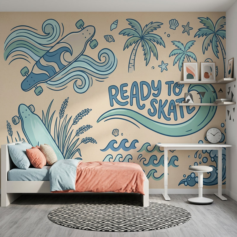 Papier peint planche à roulettes style bord de mer tropical, 140 po x 108 po, Texturé non collé