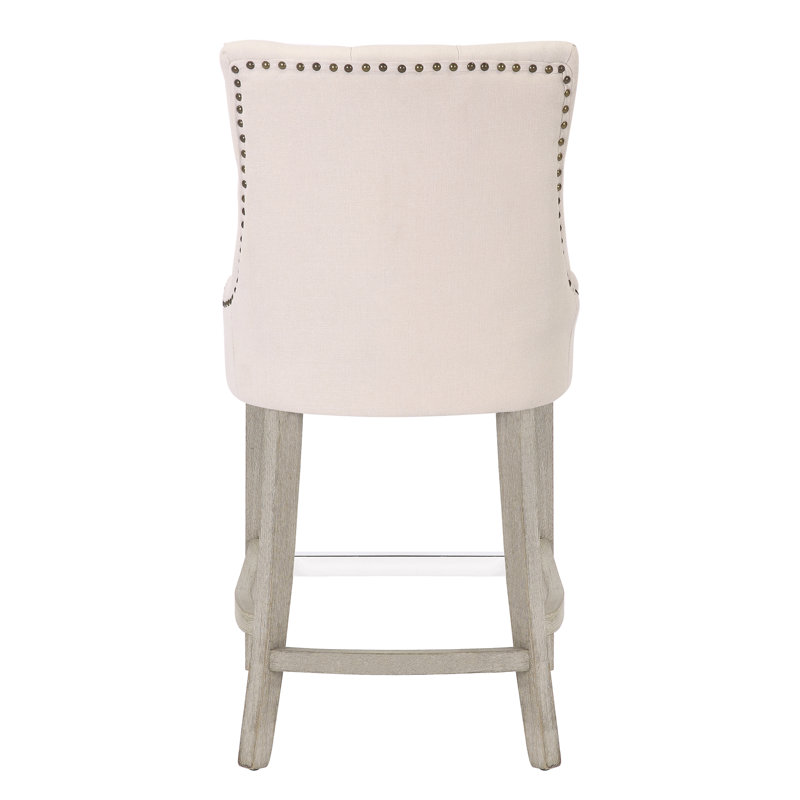 Linen Fabric Tufted Upholstered Counter Stool, Counter Stool (24” Seat Height), Beige Linen/Antique Gray Frame