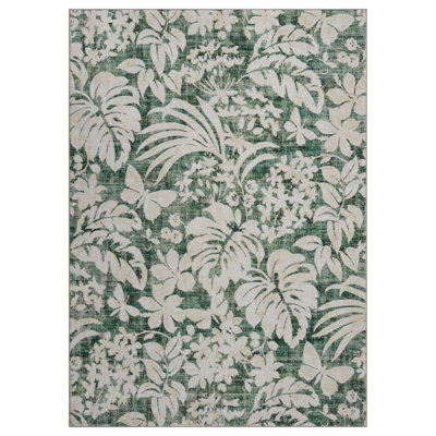 Tapis moderne à motif botanique de feuilles, 2,4 x 3 m, en velours perle doux vert, lavable et pliable, avec envers en TPR, idéal pour le salon, la chambre, la salle à manger, un appartement ou une pièce à fort passage.
