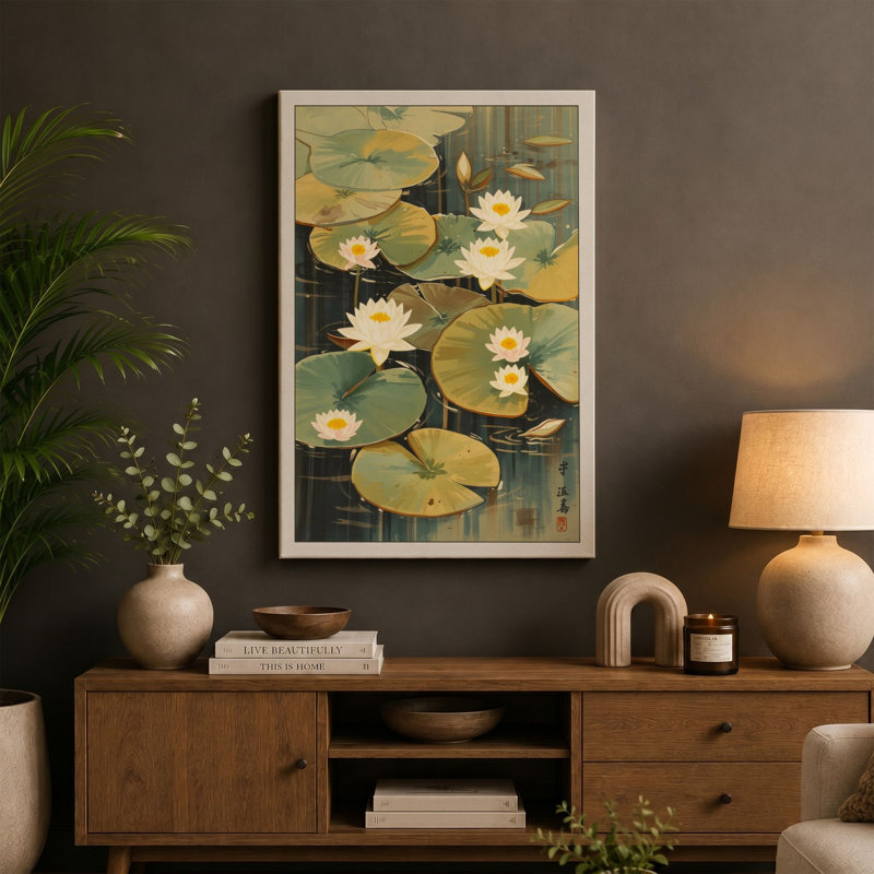 Lotus Pond at Dawn Botanical - Wrapped Canvas, 30x20 - 76.2 x 50.8 cm, Sage Border