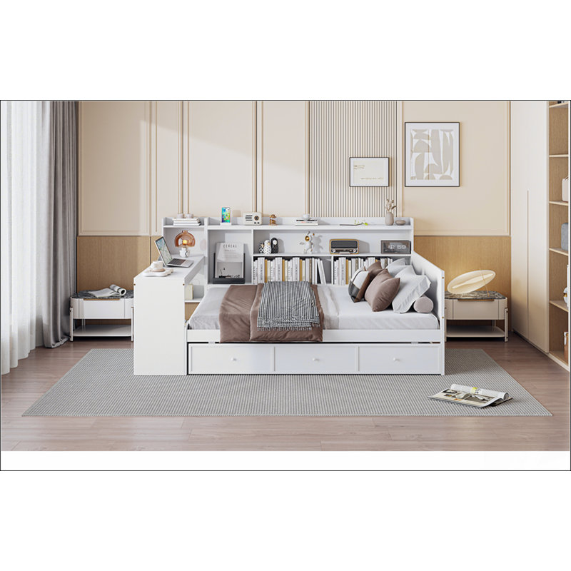 Lit de jour en bois pleine grandeur avec 3 tiroirs, ports USB et bureau, parfait pour la vie multifonctionnelle et la commodité moderne.