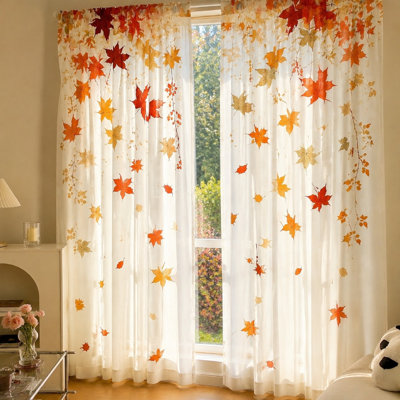 2Pcs Autumn Maple Leaf Curtains, Light Filtering Fabric, Vibrant Fall Leaves Pattern, Decorative for Living Room, Bedroom, Home Decor
