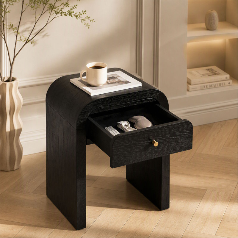 Table d'appoint en bois courbé avec 1 tiroir, table de chevet, table de chevet avec plateau à bords arrondis pour chambre ou salon