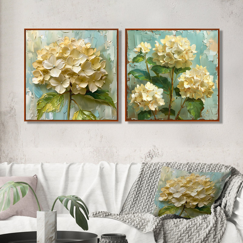 Vintage rétro hortensia beige «Blooms I» - art mural hortensia - ensemble d'art mural traditionnel 2 pièces, Brun