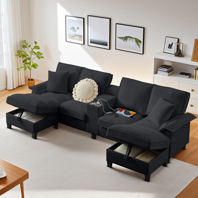 Clitheroe 121.2" Modular U-Shaped Corduroy Sectional Sofa with Dual Chaise Lounges, Hidden Storage and Cup Holders by Ebern Designs
