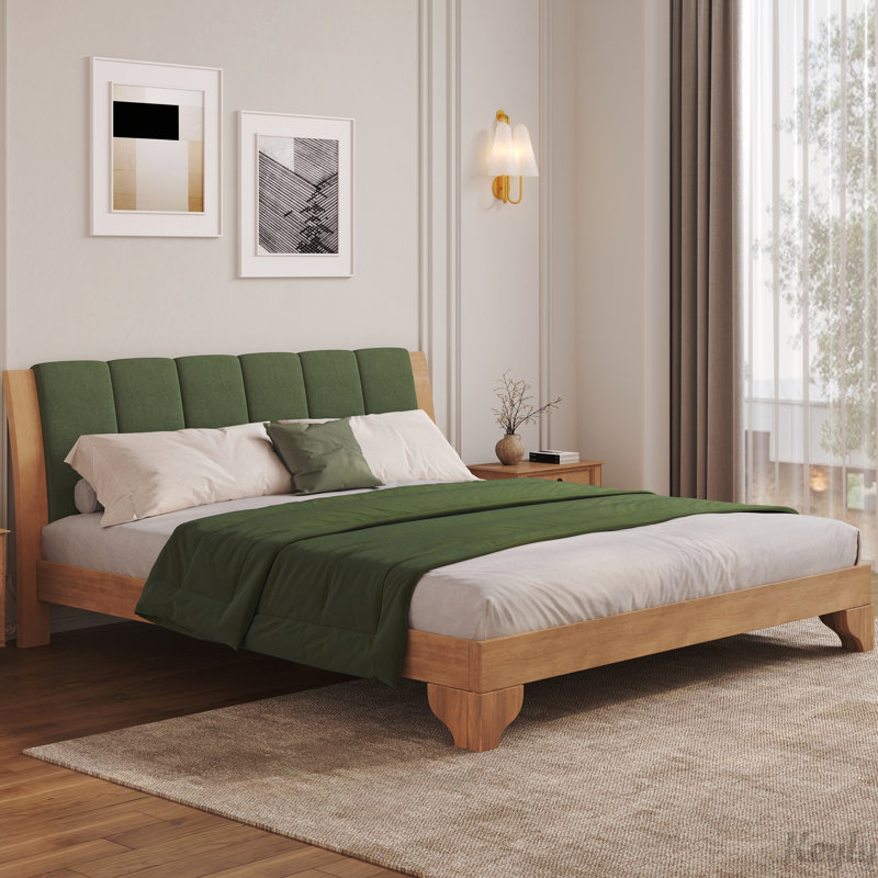 Base de lit en bois de pin de style Mid-Century moderne, Très grand, Vert / Naturel