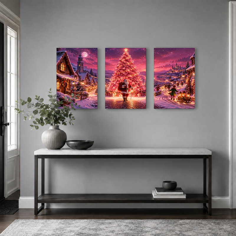 Père Noël marchant devant un arbre rose géant, ensemble de 3 toiles, 72"W x 36"H Overall - 3 Panels