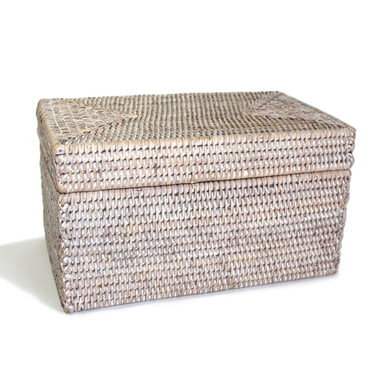 Panier de rangement rectangulaire avec couvercle, Blanc délavé