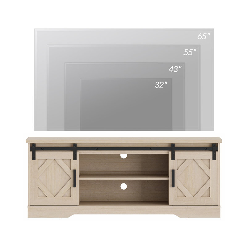 Meuble télé Glenford Modern Farmhouse pour téléviseur de 65 po ou moins avec porte de grange coulissante, Chêne pâle