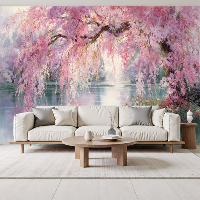 Boho Peel and Stick Wallpaper Dreamy Cherry Blossom Flowering tree willow branches Calm Lake Wall Murals 69"H x 96"W Removable PVC Wall Paper Self-Adhesive Wall Decor for Bedroom Living Room Home Office