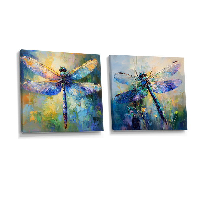 Blue Green Dragonfly'S Iridescent Wings I - Dragonfly Animal Wall Art - Modern Wall Art Set 2 Piece, 16" H x 33" W