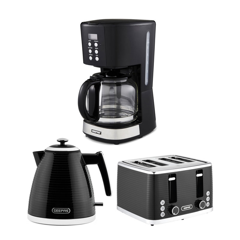GEEPAS 1.5L Filter Coffee Machine, 1.7L Electric Kettle & 4 Slice Toaster Combo Set | 900W Programmable Drip Coffee Maker | 1600W Bread Toaster 7 Browning Levels | 3000W Rapid Boil Cordless Jug Kettle
