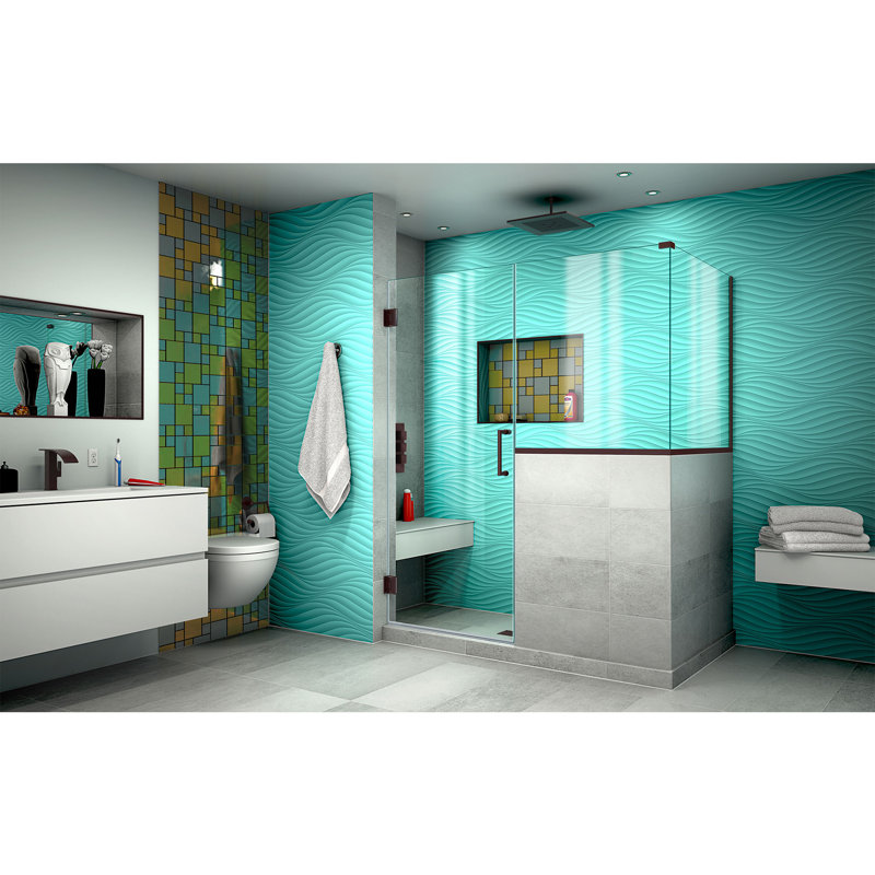 Unidoor Plus 58" W x 36.375" D x 72" H Frameless Pivot Rectangle Shower Enclosure with Fixed Panel, Oil Rubbed Bronze