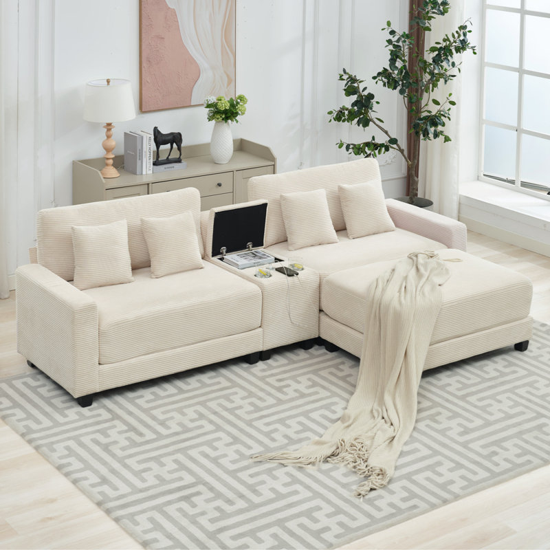 Cottie Corduroy L-Shaped Sectional Reversible, Beige Corduroy