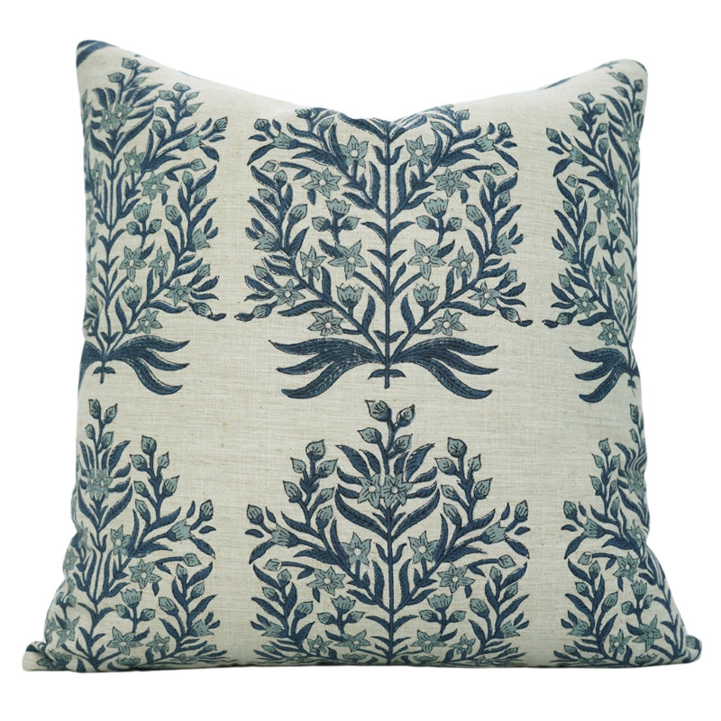 Fabdivine Floral Block Print Decorative Pillow Cover, Handblock Printed Cushion Cover ,Blue, Vrindavan, 20"H x 20"W, Square