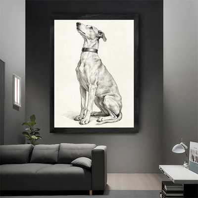Reproduction d'art mural de qualité supérieure avec cadre en bois noir dessin de chien assis au sol, œuvre d'art encadrée dans un cadre noir, cadeau unique pour les amis et la famille