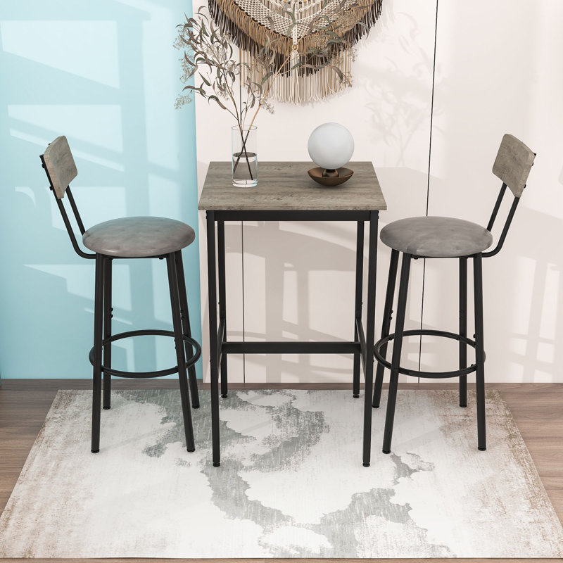 3-Piece Industrial Bar Table Set with Square Table and 2 Upholstered Stools, Gray, Gray