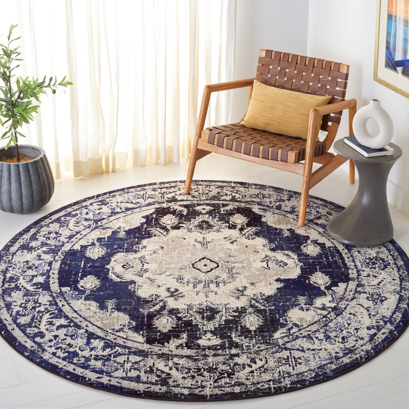 Almyra Oriental Area Rug, Round 6'7", Ivory/Navy