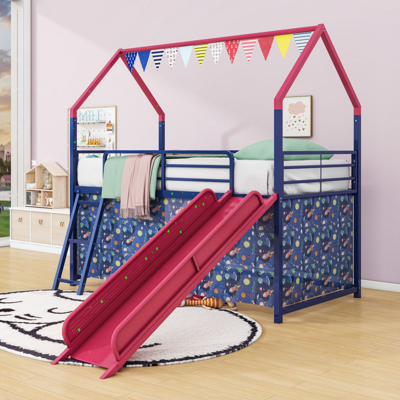 Lit mezzanine simple avec glissade et accessoires ludiques, Bleu marine / rouge