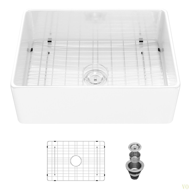 28  Farmhouse Sink - 28 Inch Kitchen Sink Ceramic Single Bowl With Drain Assembly And Bottom Grid