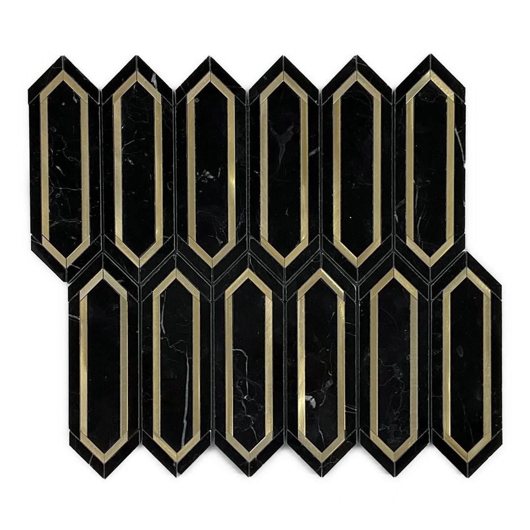 2" x 6.25" Nero Marquina Marble & Gold Metal Wall & Floor Tile (Set of 10) ES Stone