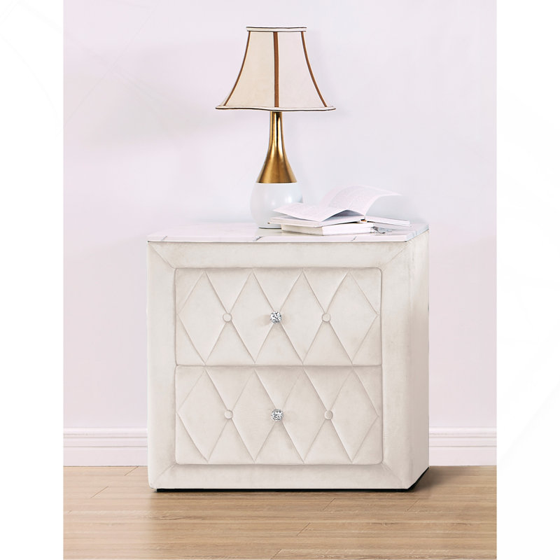 1Pc Ivory Nightstand Upholstery Fabric Faux Marble Top Two Storage Drawers Wooden Bedroom Furniture, Ivory
