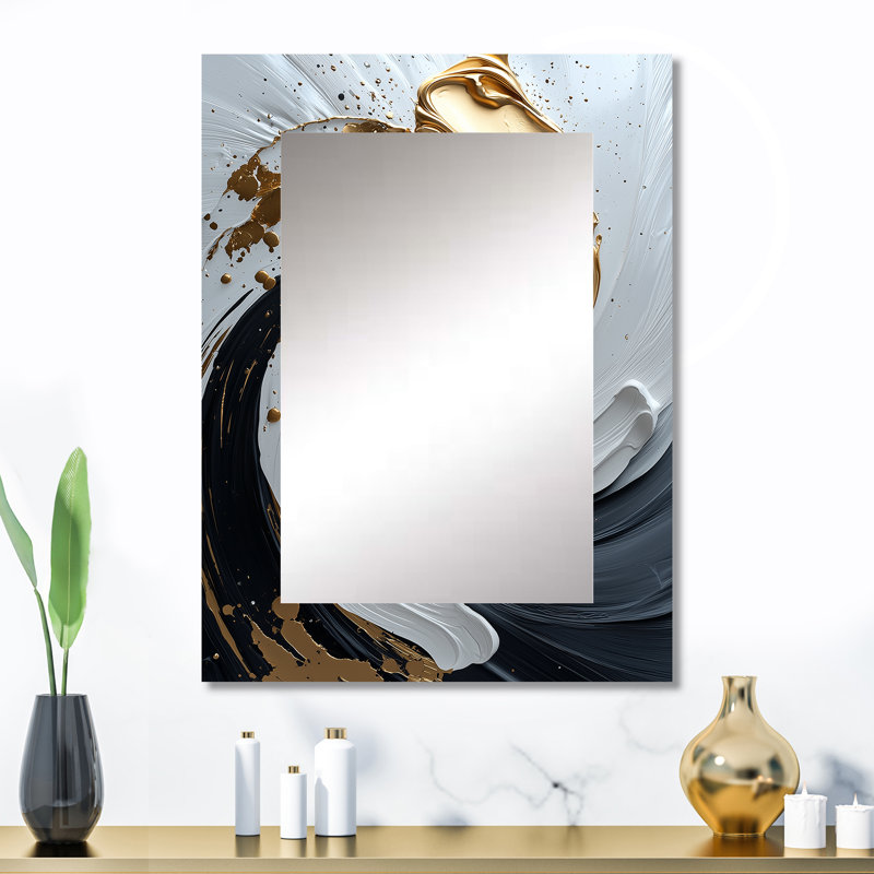 White Black Gold Cosmic Whirlpool II - Abstract Spirals Wall Mirror, Gold Decorative Mirror, Printed Metal Art, 32" x 24"