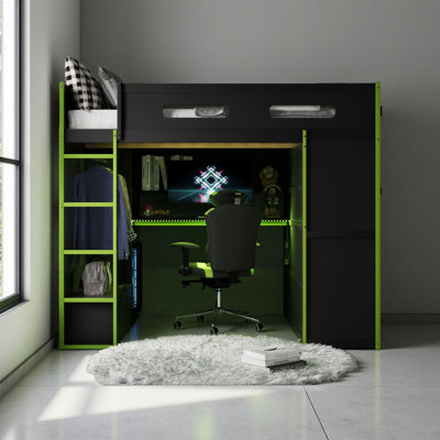 Lit mezzanine double en bois avec bureau, garde-robe, grand espace de rangement et lumière DEL RVB