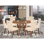Ensemble de table de cuisine 7 pièces en polyester 6 chaises de cuisine beige clair, dossier capitonné et une table ronde de 54 po au fini noyer antique.-202263805