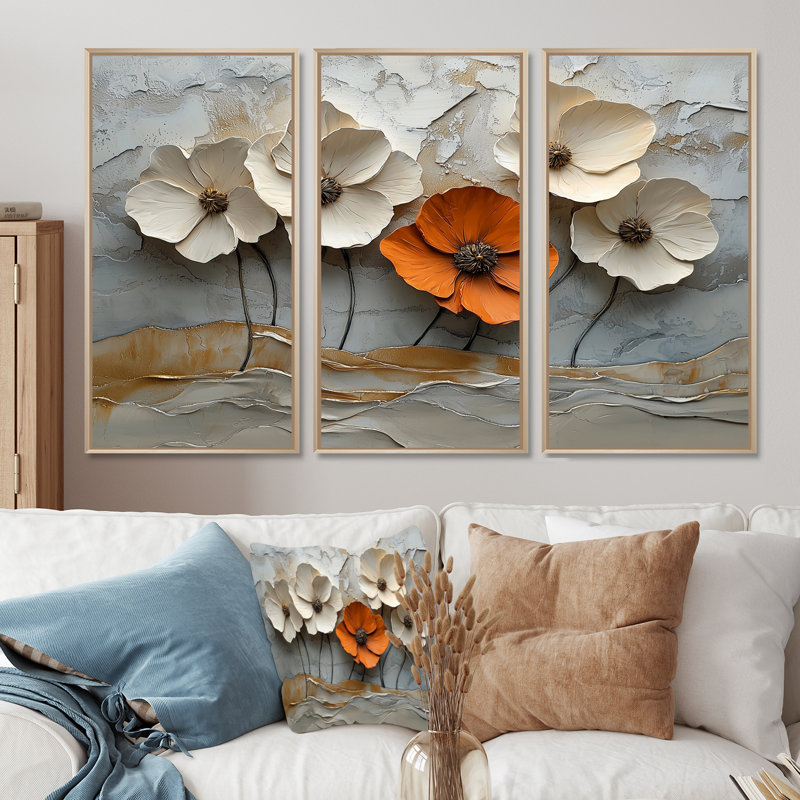 Blanc et orange, coquelicots en fleurs - coquelicots, art mural pour le salon - ensemble de 3, H 32 po x l 48 po, Érable