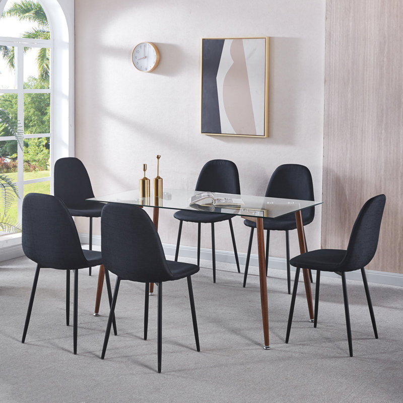 Kolina Glass Top Four Leg Dining Set, Wooden, Dark Gray, 7