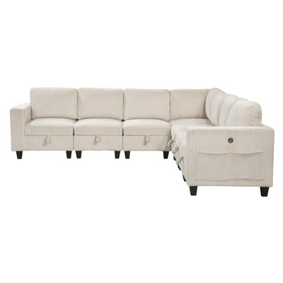 7-Piece Modular Sectional With Storage Seats, Side Pockets, Charging Ports Beige Corduroy Fabric Modern Living Room Sectional Couch Solid Wood Furniture