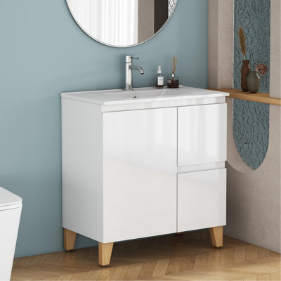 Modern Bathroom Vanity With Sink Combo, Cabinet with 1 Doors and 2 Drawer, Soft-Clost System,Handle-Free Design,Natural Solid Wood Feet,Easy Assemble