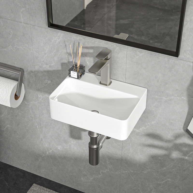 18" x 10" Wall Mount Bathroom Sink White Ceramic Rectangular Floating Vessel Sink with Single Faucet Hole, 14" L x 10" W