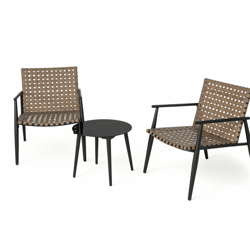 Modern Outdoor Chat Set: 2 PE Rattan Chairs + Black Steel & Tempered Glass Side Table – Durable & Stylish