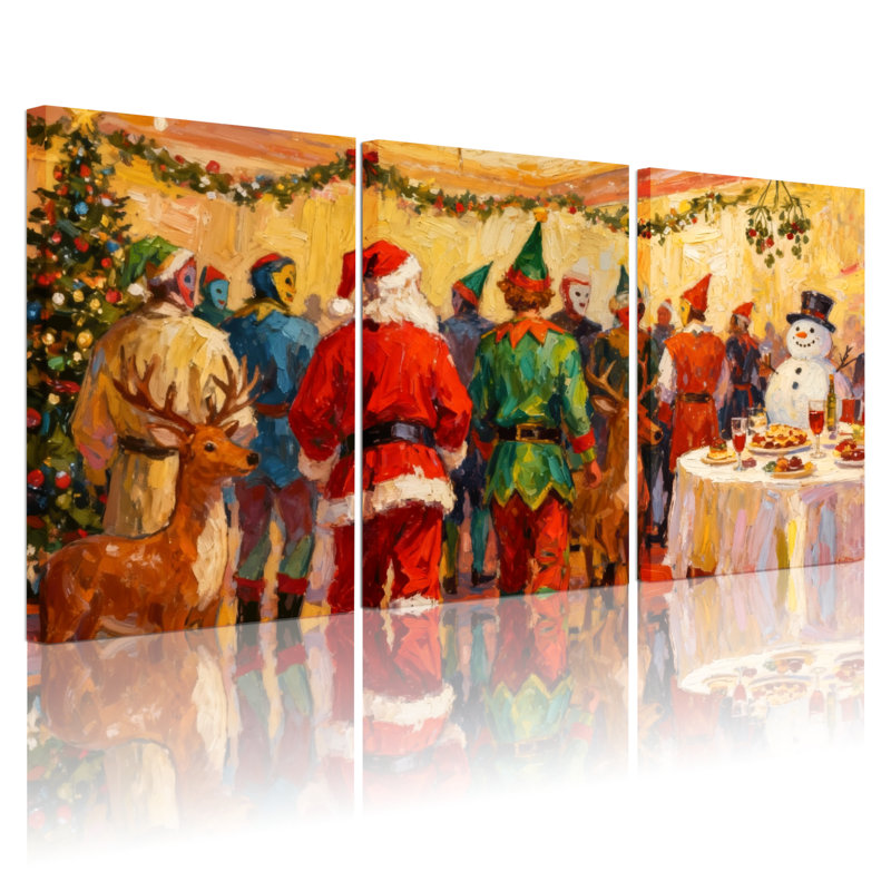 «Christmas Christmas Gathering With Santa and Elves», ensemble de 3 impressions d'art sur toile