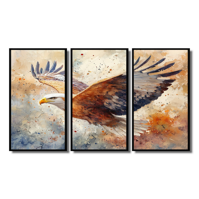 Brun, jaune, audacieux, aigle, vol d'oiseau, H 28 po x l 36 po x P 1 po, Toile avec cadre flottant noir