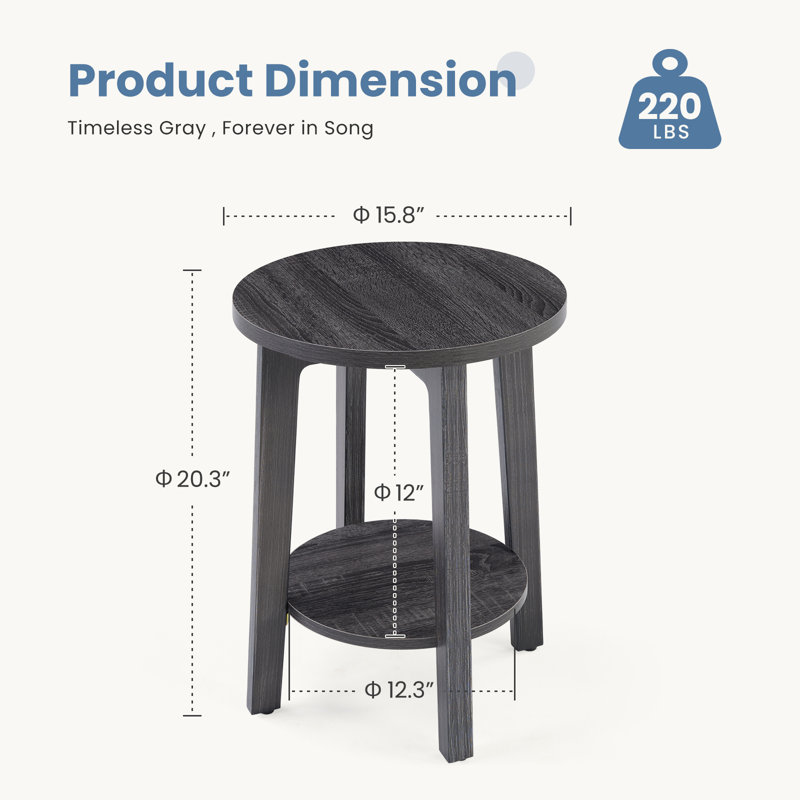 2-Tier Round Side Table with Tapered Legs, Small End Table for Living Room, Bedroom, Gray