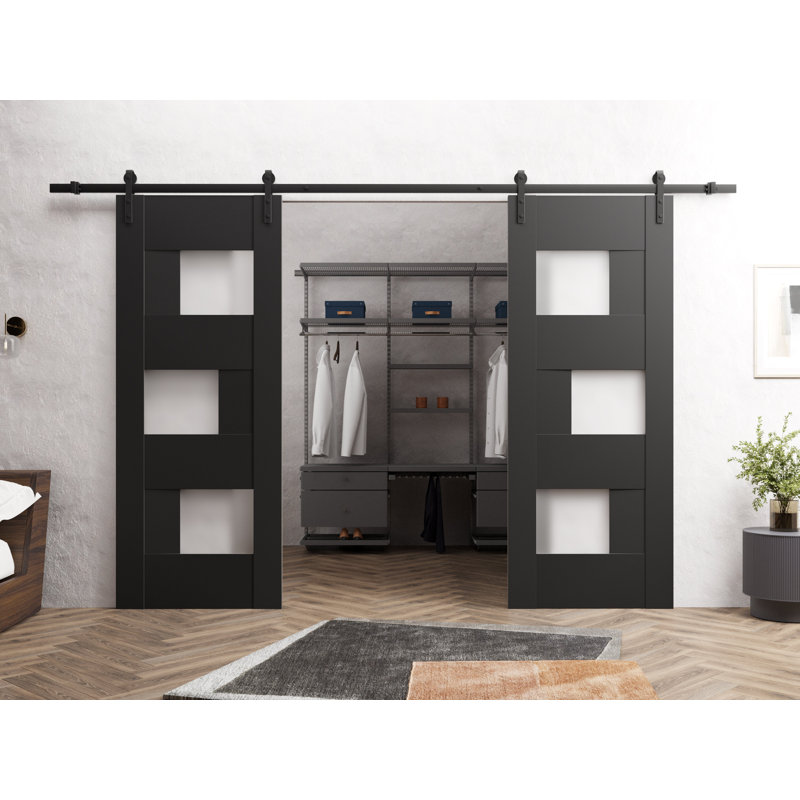 Porte de grange double robuste | Sete 6933 noir mat avec verre givré | Ensemble de 13 cintres lourds pour rail, Noir