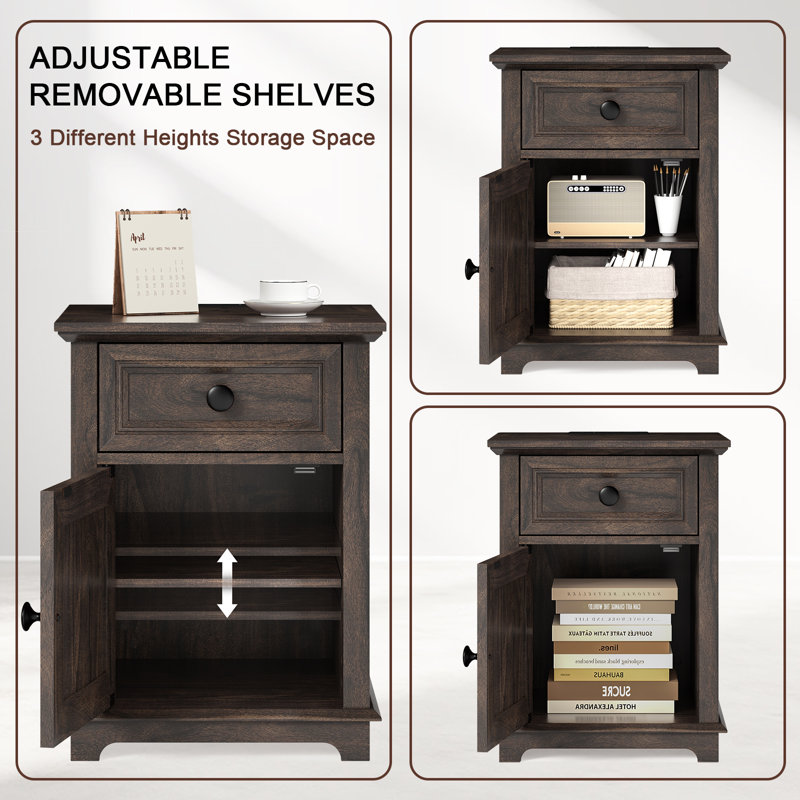 Rustic Brown Wood End Table Set with Storage and Charging Station