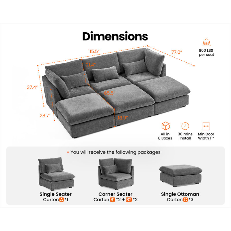 Canapé modulaire surdimensionné en chenille 6 places, Gris chenille
