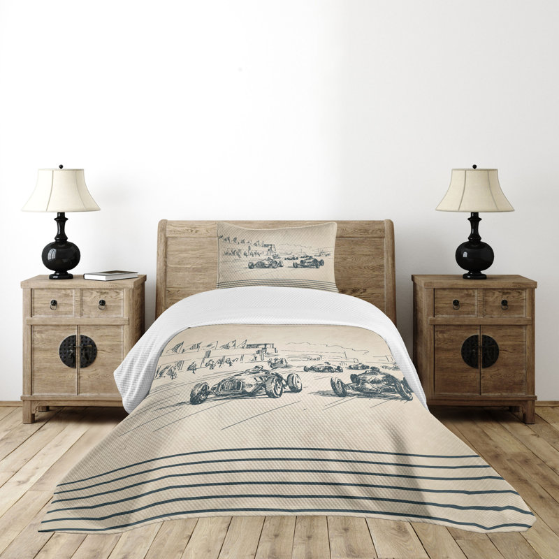 Twin Beige and Forest Green Racing Car Sketch Bedspread Set