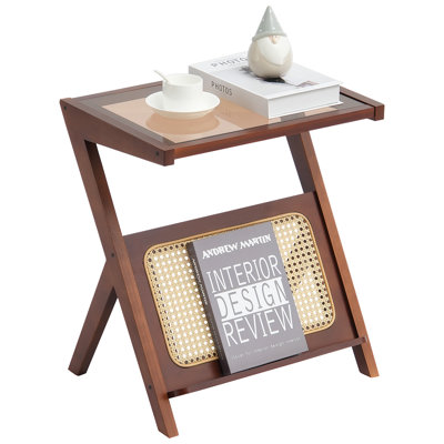 Table basse en rotin, table basse de rangement moderne bohème de 50 cm avec pieds en bambou naturel, table basse en rotin tressé en forme de Z avec plateau en verre trempé, idéale pour la chambre et les petits espaces, conçue pour le salon.