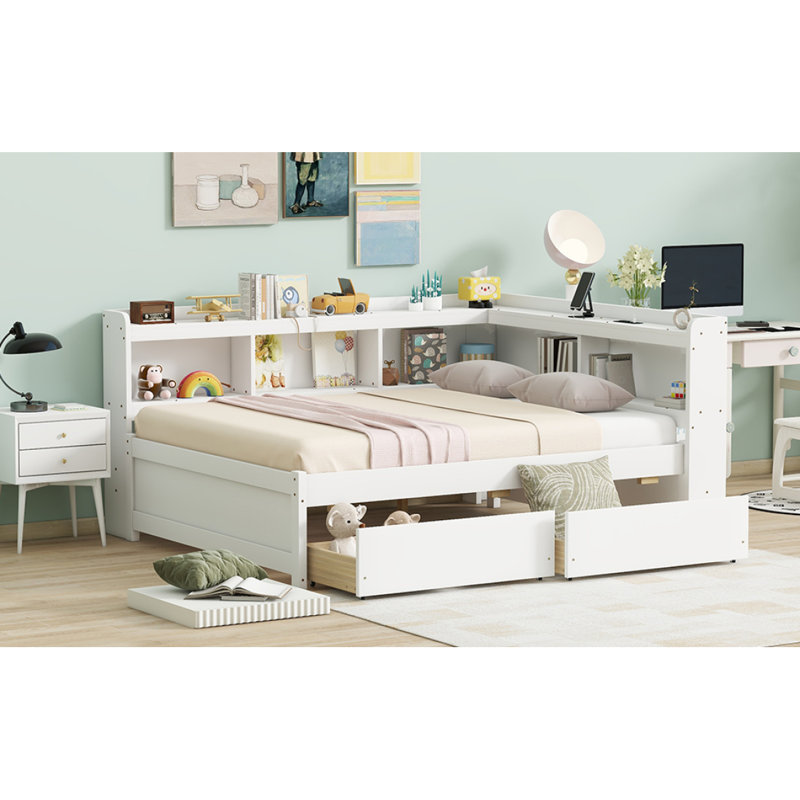 Lit double en forme de L avec bibliothèques, prises de courant USB, deux tiroirs, blanc, Blanc